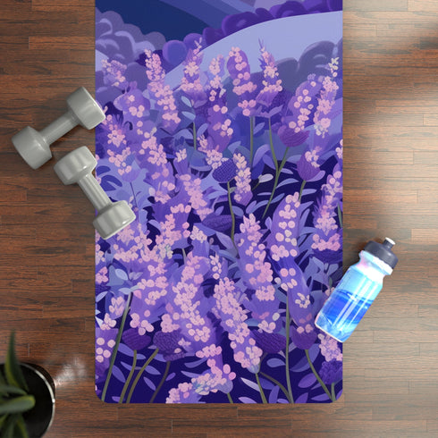Stunning lavender fields yoga mat with vibrant blooms for calming flows.