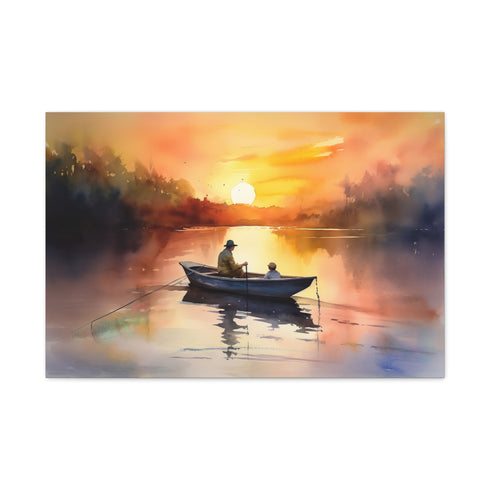 Golden Hour Fisherman Silhouette Sunset Stretched Canvas Wall Art - View 2 | Prints With Passion