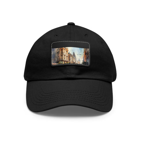 Stylish white Melbourne skyline snapback hat with light brown patch.
