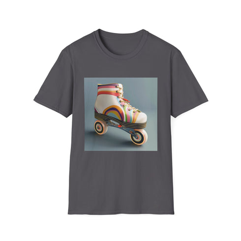 Retro roller skate themed charcoal t-shirt with colorful stripes.