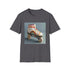 Retro roller skate themed charcoal t-shirt with colorful stripes.