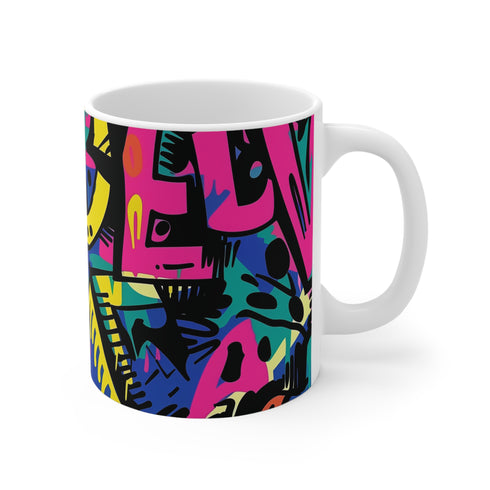 Vibrant neon graffiti coffee mug with urban design for 11 oz.