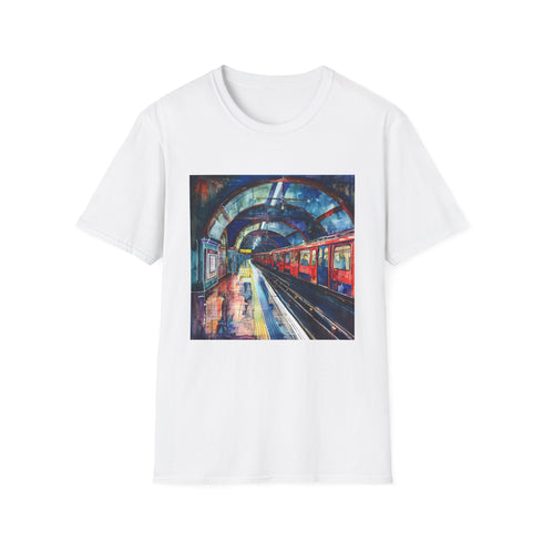 Charcoal T-shirt featuring vibrant watercolor of London Underground stations in cotton