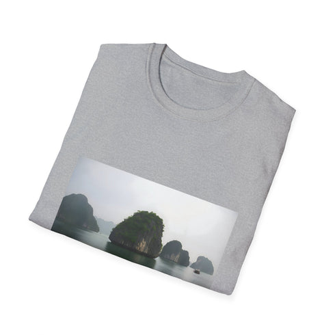 Charcoal cotton crew neck T-shirt with serene Halong Bay graphic