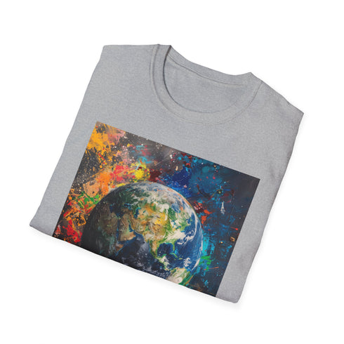 Blue Marble Earth Painting T-Shirt, Charcoal, Regular Fit, Crew Neck, Cotton