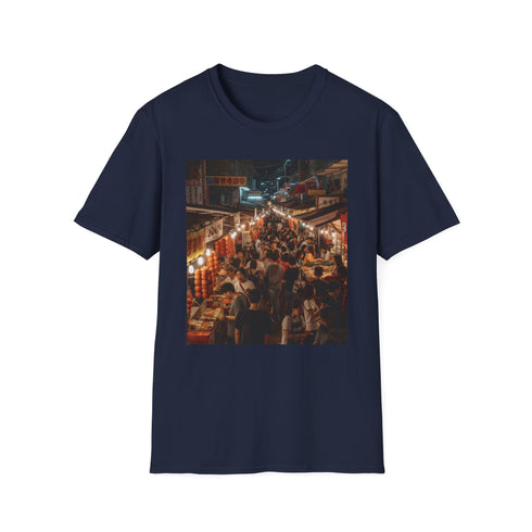 Charcoal cotton T-shirt with vibrant Asian night market tapestry design