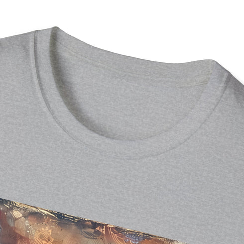 Charcoal cotton crew neck t-shirt with vibrant bohemian feather design