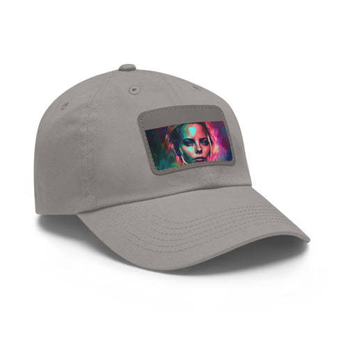 Neon watercolor charm white baseball cap with light brown patch.