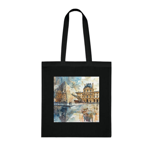 Watercolor Louvre Museum Tote Bag, Black Cotton Accessory.