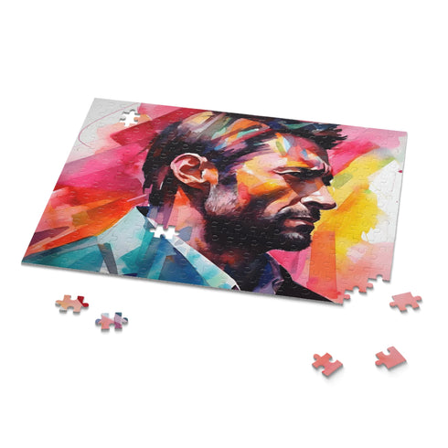 Vibrant watercolor portrait puzzle of Hugh Jackman, perfect for fans.