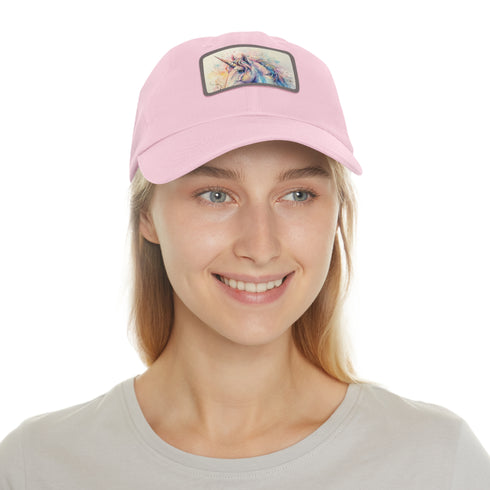 White cotton hat with mystical watercolor unicorn design, rectangular patch.