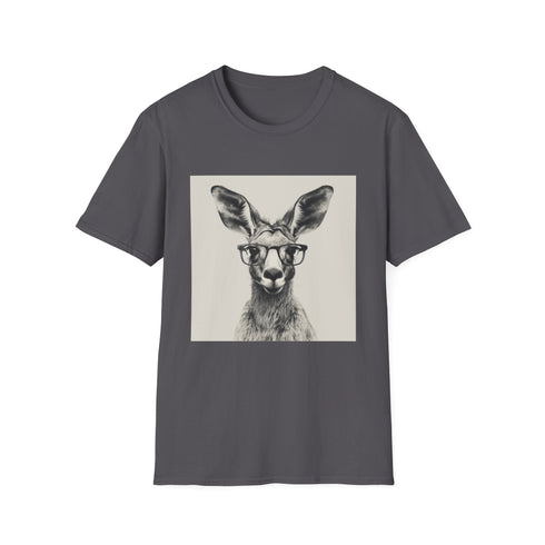 Charcoal kangaroo T-shirt with whimsical book pouch design cotton crew neck