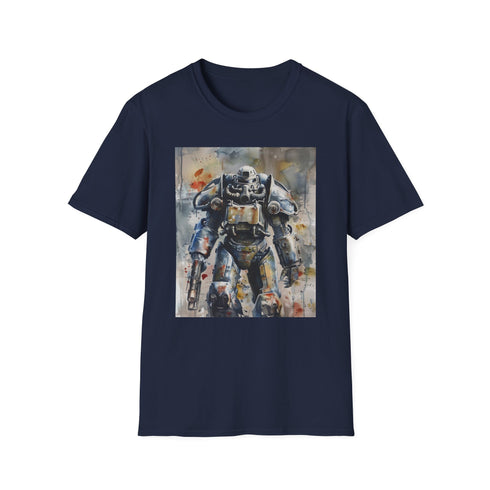Watercolor charcoal t-shirt featuring detailed Fallout Power Armor futuristic design