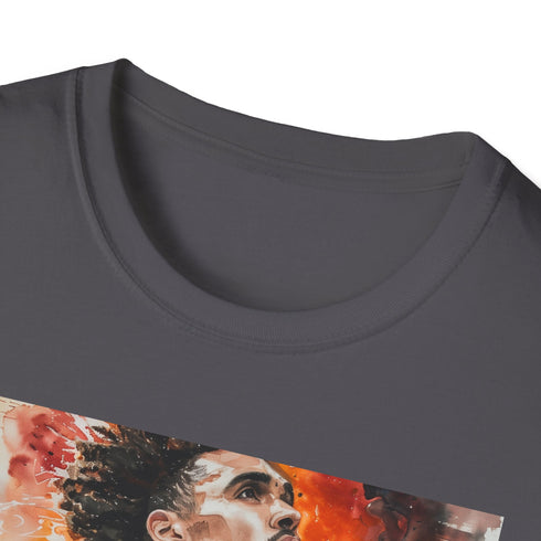 Charcoal cotton t-shirt with watercolor portrait of basketball player