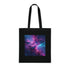Vibrant black cotton tote bag with swirling nebulae design.