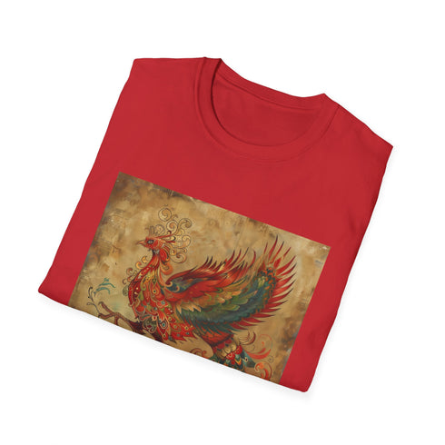 Mythical phoenix rising from ashes design on charcoal t-shirt.