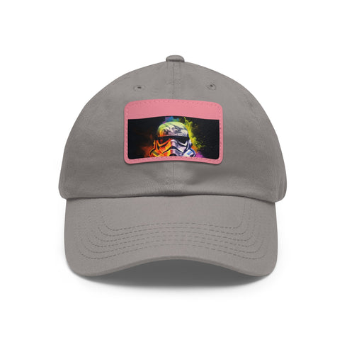 Neon watercolor Storm Trooper baseball cap in white with light brown patch.