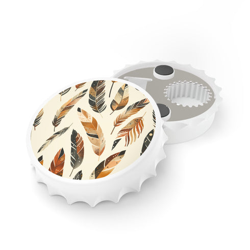 White Boho Feathers bottle opener with seamless pattern design.