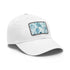 Ocean Gaze White Baseball Cap with Light Brown patch, rectangle design.