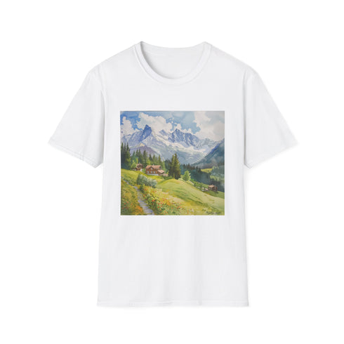 Charcoal watercolor Swiss Alps t-shirt with crew neck and regular fit