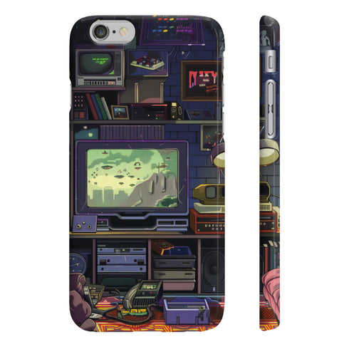 Retro gaming phone case with colorful pixel art design.