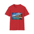 Charcoal cotton T-shirt with vibrant azure and sun-kissed summer design
