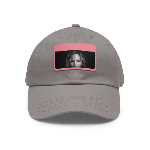 White baseball cap with light brown patch, JLaw signature logo.
