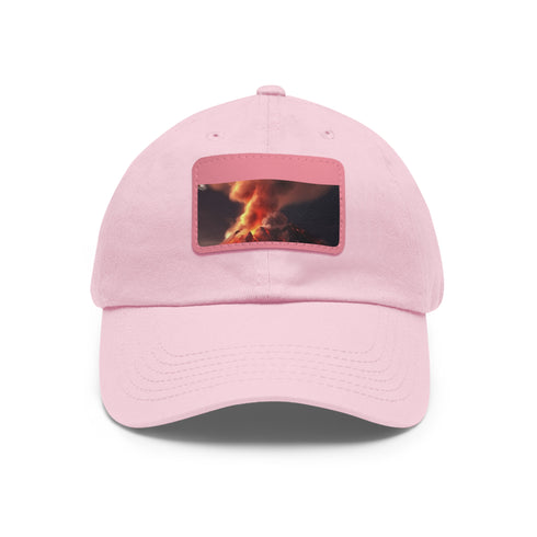 Bold white cotton rectangle hat with fiery volcano patch.