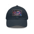 White cotton trucker hat with psychedelic mushroom design.