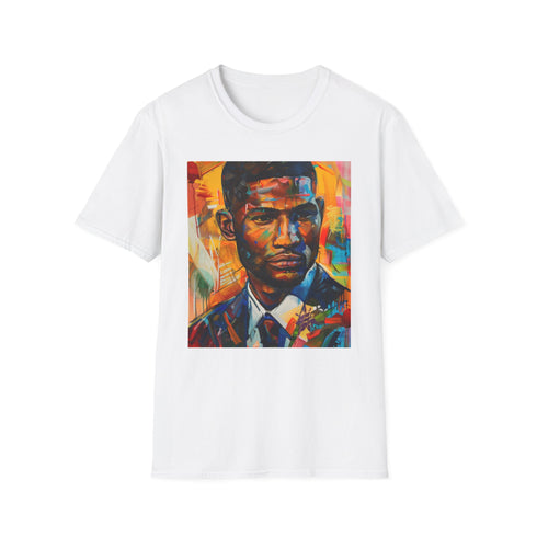 Dynamic charcoal crew neck cotton T-shirt with Usher portrait.