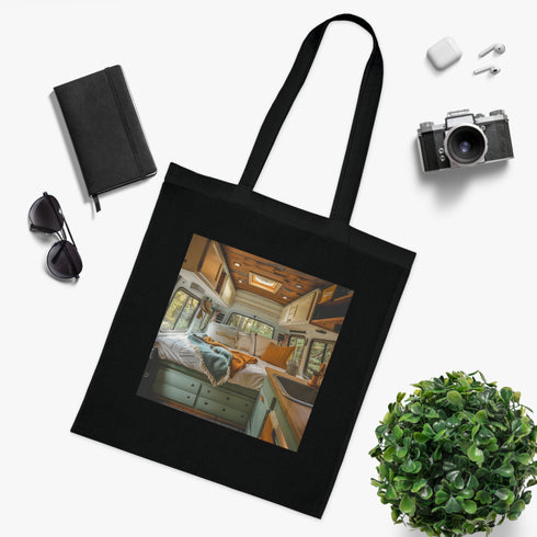 Cozy camper life tote bag in black cotton with retro camper illustration.