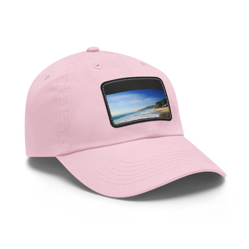 White baseball cap with Malibu Beach patch, perfect for sunny days.