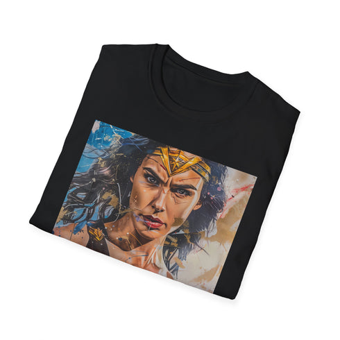 Charcoal crew neck T-shirt with vibrant Wonder Woman painting design