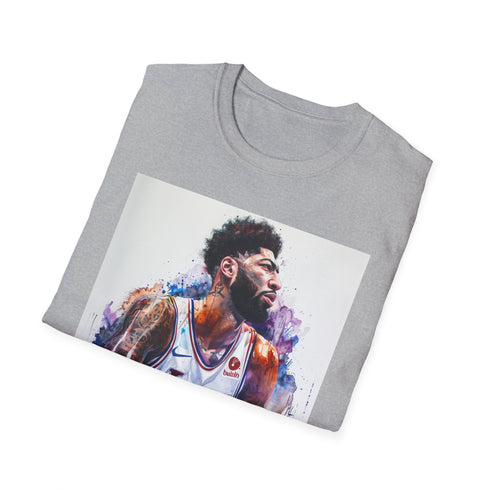 Charcoal cotton t-shirt with vibrant Anthony Davis watercolor portrait