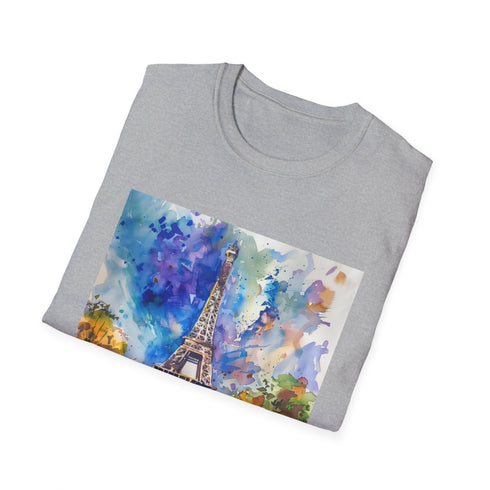 Eiffel Tower Watercolor T-Shirt in Charcoal, Size Small.