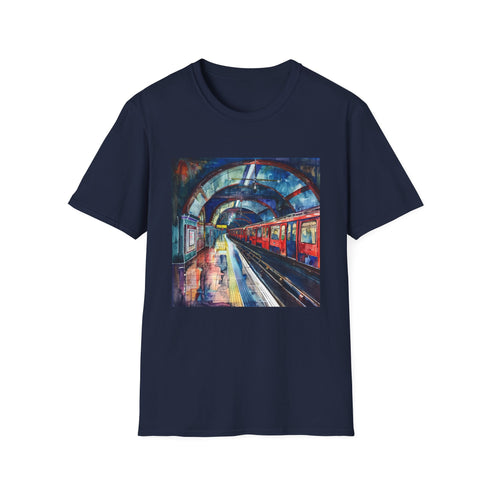 Charcoal watercolor Tube station t-shirt with a vibrant crew neck design