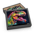 Vibrant watercolor T-Rex puzzle with neon colors, 120 pieces.