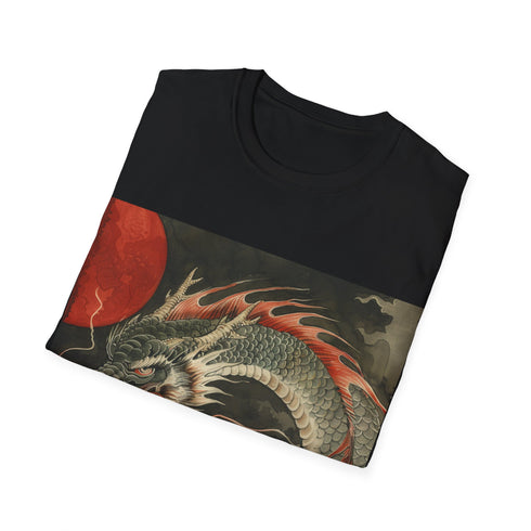 Charcoal cotton T-shirt with intricate Japanese dragon design and crew neck