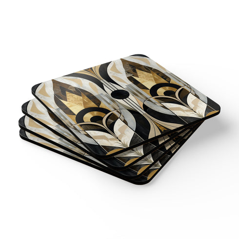 Square abstract art deco corkwood coaster set for kitchen desk.