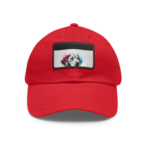 White baseball cap with cute dalmatian graphic, perfect for dog lovers.