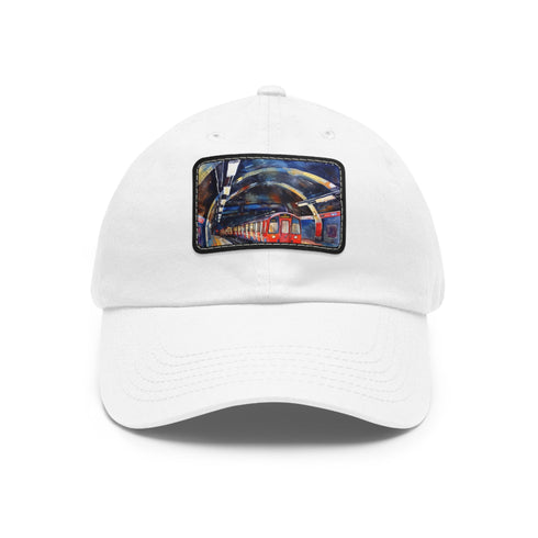 London Underground watercolor baseball cap with light brown rectangle patch.