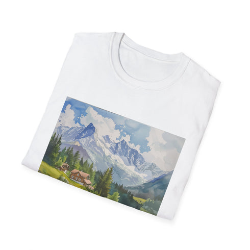 Charcoal cotton T-shirt with watercolor Swiss Alps design capturing serenity