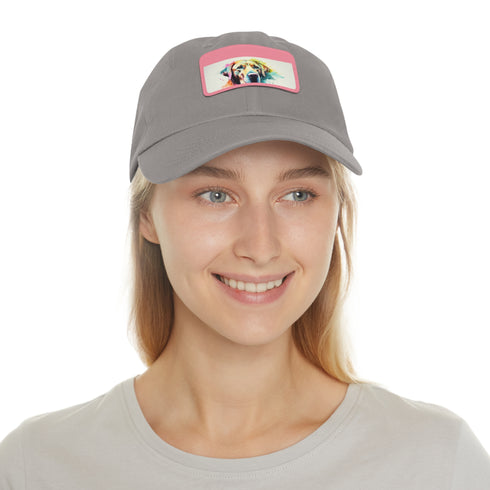 Embroidered white cotton Labrador hat with light brown patch.