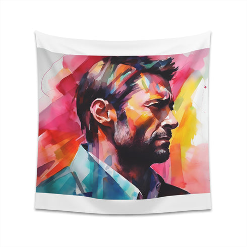 Vibrant watercolor tapestry showcasing Hugh Jackman's magnetic charm, perfect for fans of the talented actor, high-quality material, makes a great gift - shop now!