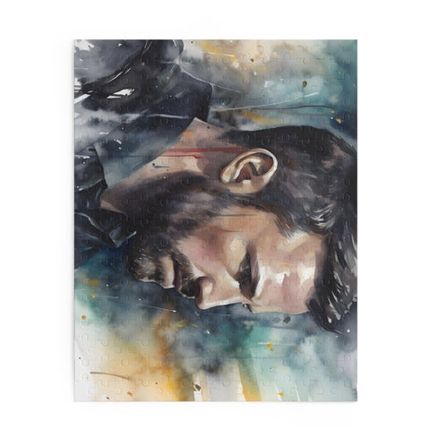 Batman watercolor puzzle featuring portrait of Ben Affleck as the Dark Knight