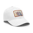 White baseball cap with mystical watercolor unicorn patch, rectangular shape.