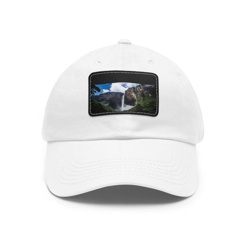 White cotton baseball cap with Angel Falls image patch. Vegan-friendly. Unisex.