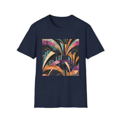 Abstract art deco charcoal t-shirt with vibrant geometric patterns