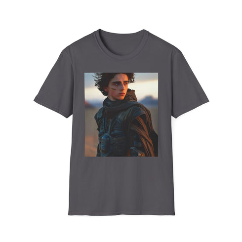Charcoal cotton T-shirt featuring bold Dune-inspired Timothée Chalamet landscape design