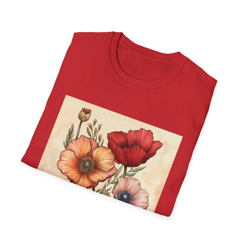 Hand-drawn floral charcoal T-shirt with delicate vibrant botanical sketches